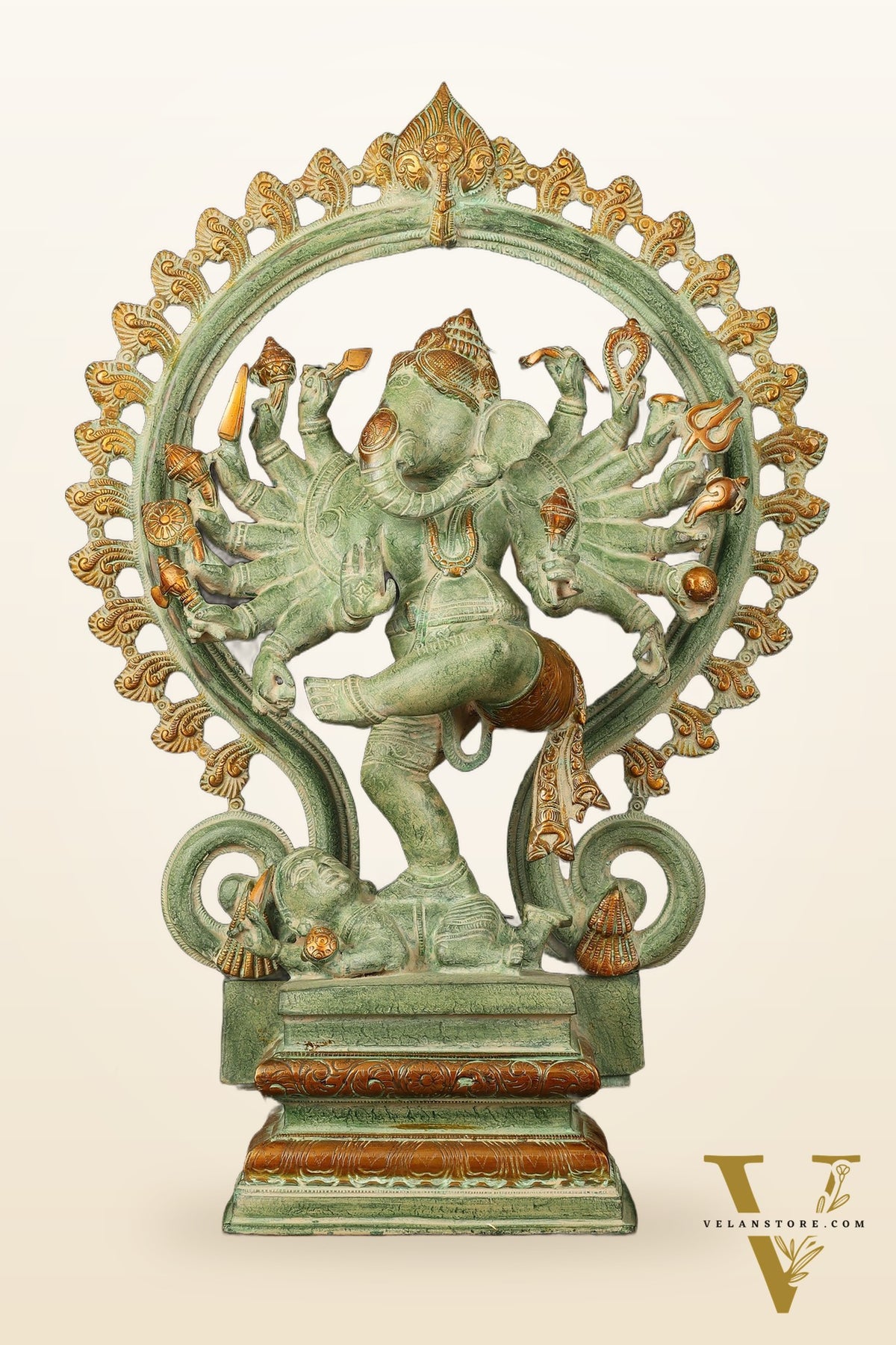 Brass Dancing Ganesha Statue - 25.5" Height, Antique Green Patina Finish