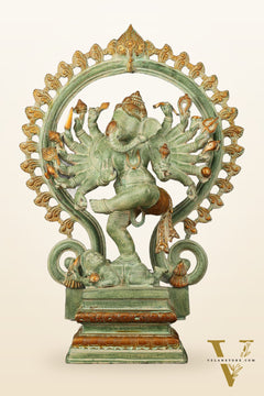Brass Dancing Ganesha Statue - 25.5" Height, Antique Green Patina Finish