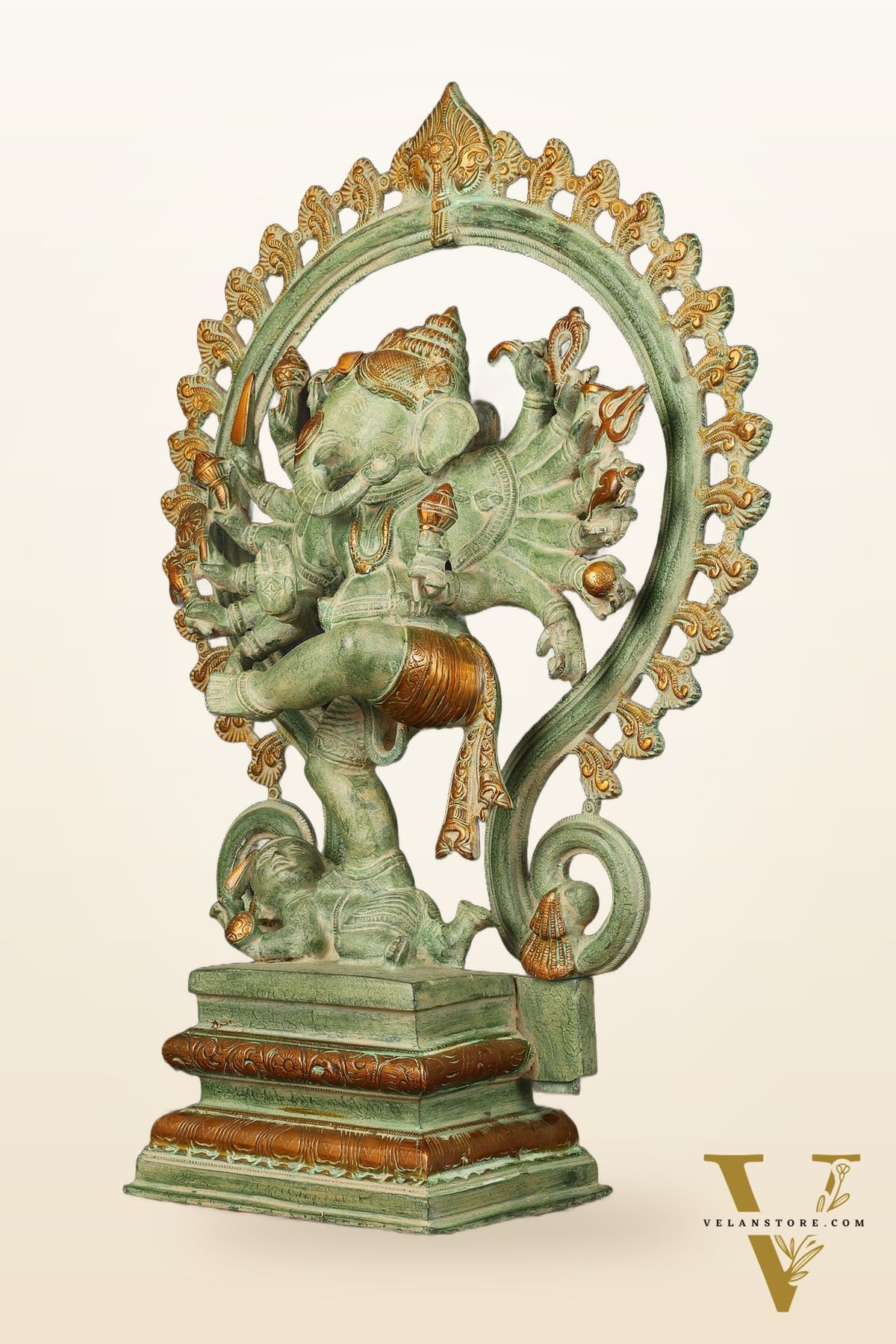 Brass Dancing Ganesha Statue - 25.5" Height, Antique Green Patina Finish