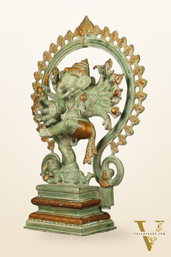 Brass Dancing Ganesha Statue - 25.5" Height, Antique Green Patina Finish