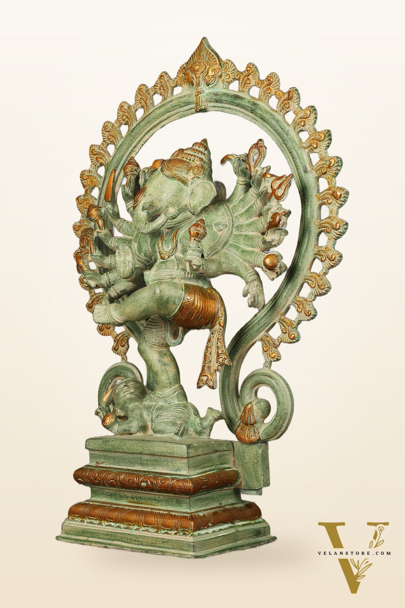Brass Dancing Ganesha Statue - 25.5" Height, Antique Green Patina Finish