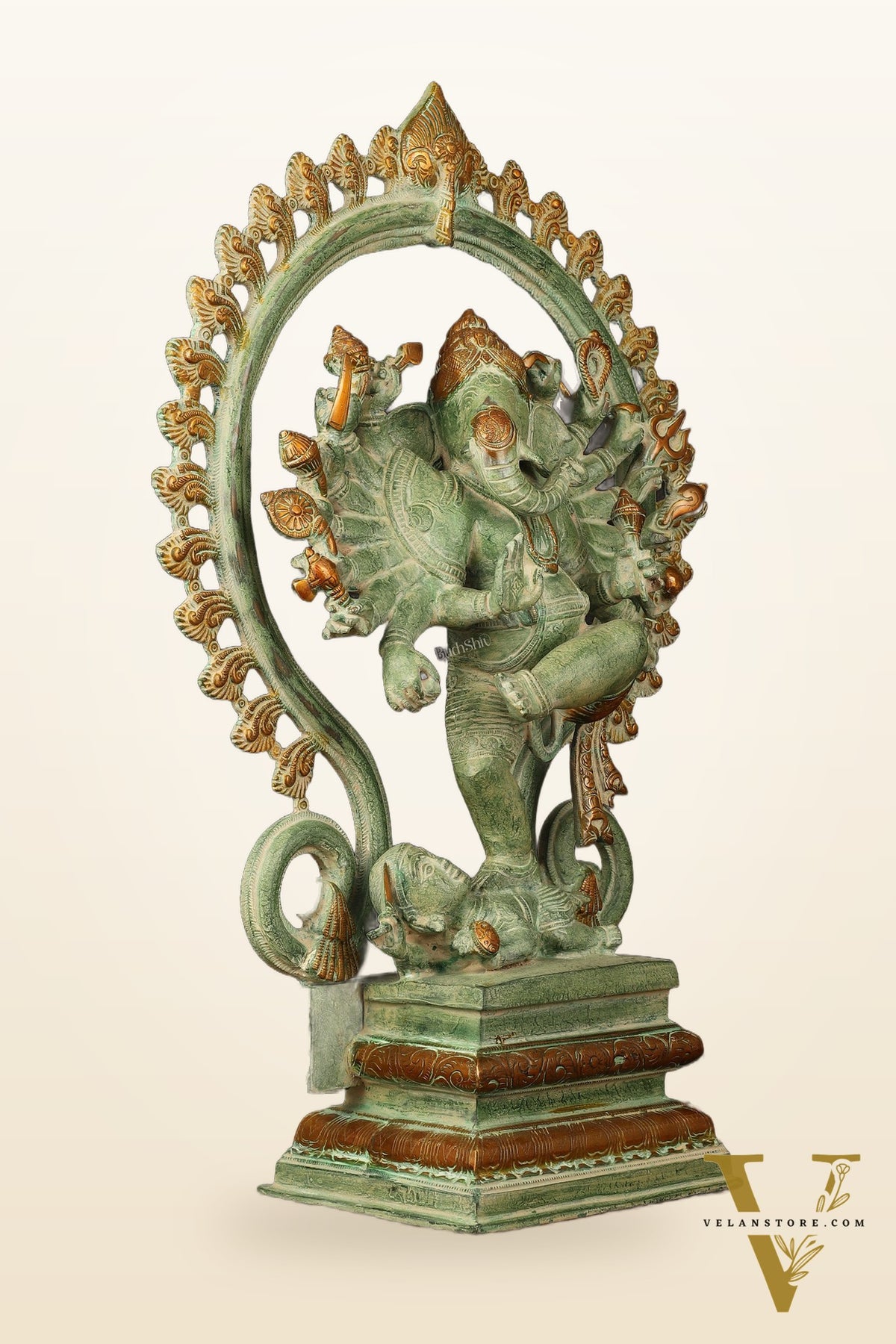 Brass Dancing Ganesha Statue - 25.5" Height, Antique Green Patina Finish