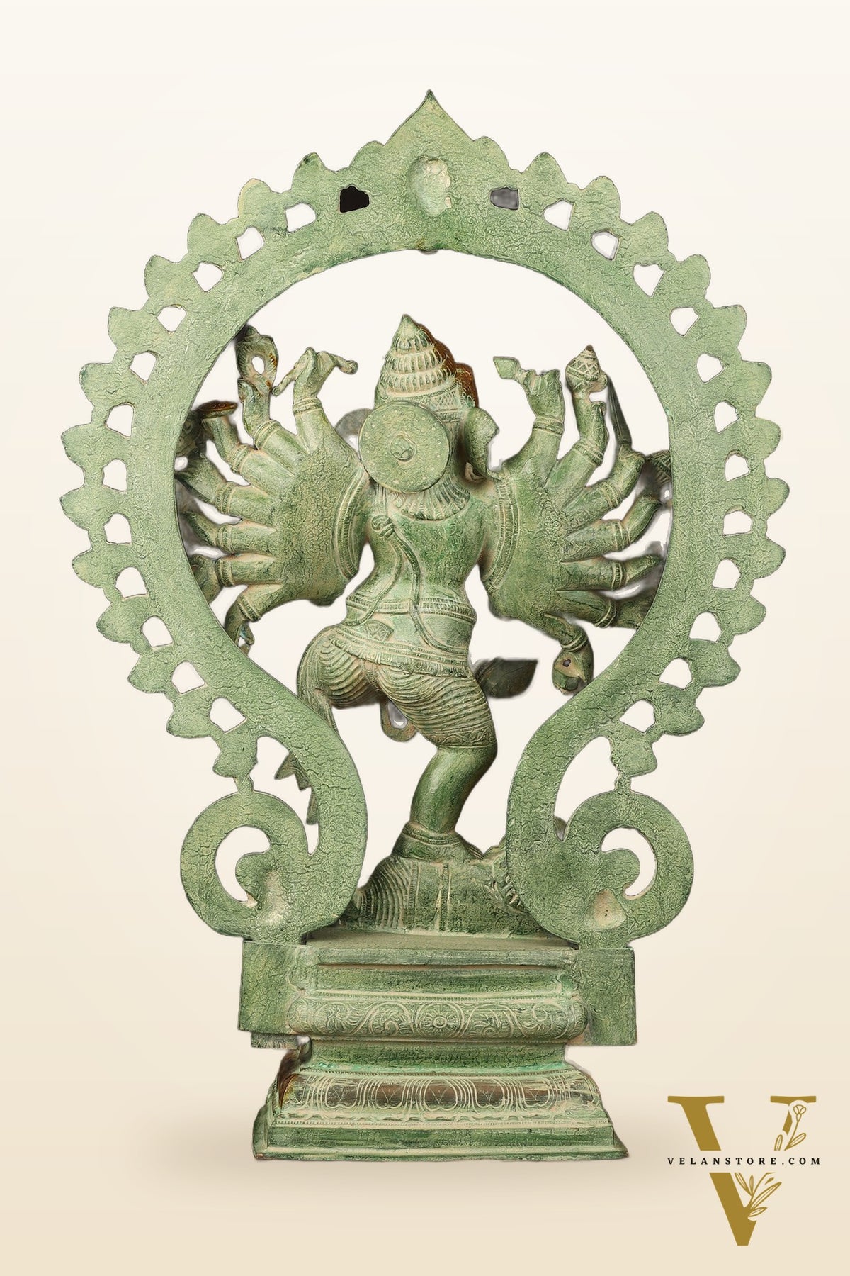 Brass Dancing Ganesha Statue - 25.5" Height, Antique Green Patina Finish
