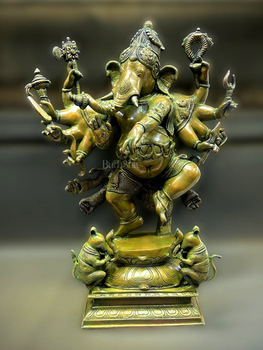 Brass Dancing Ganesha Statue - 26 Inch, Antique Bronze Patina Finish