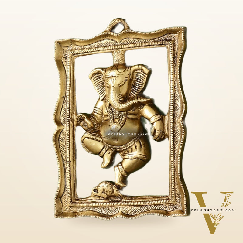 Brass Dancing Ganesha Wall Hanging - 8 x 6 inch