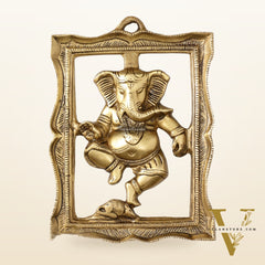 Brass Dancing Ganesha Wall Hanging - 8 x 6 inch