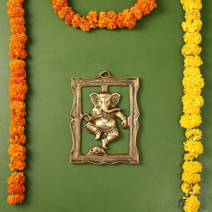 Brass Dancing Ganesha Wall Hanging - 8 x 6 inch