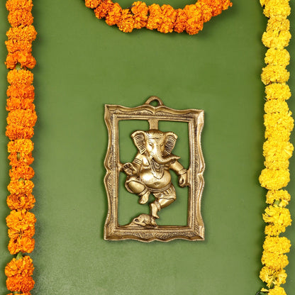 Brass Dancing Ganesha Wall Hanging - 8 x 6 inch