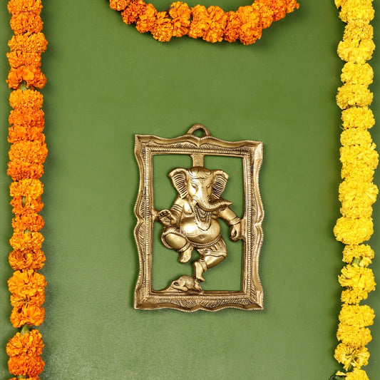 Brass Dancing Ganesha Wall Hanging - 8 x 6 inch