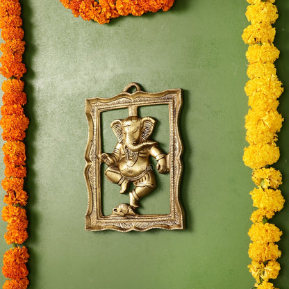 Brass Dancing Ganesha Wall Hanging - 8 x 6 inch