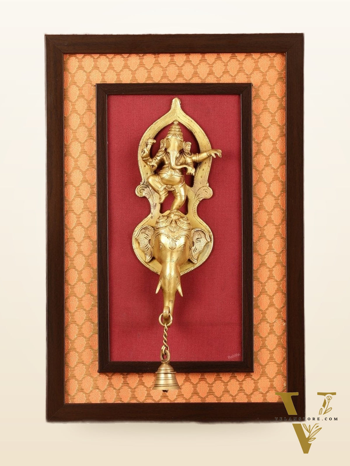 Brass Dancing Ganesha Wall Hanging on Wooden Frame with Premium Fabric - 20" x 13.5"