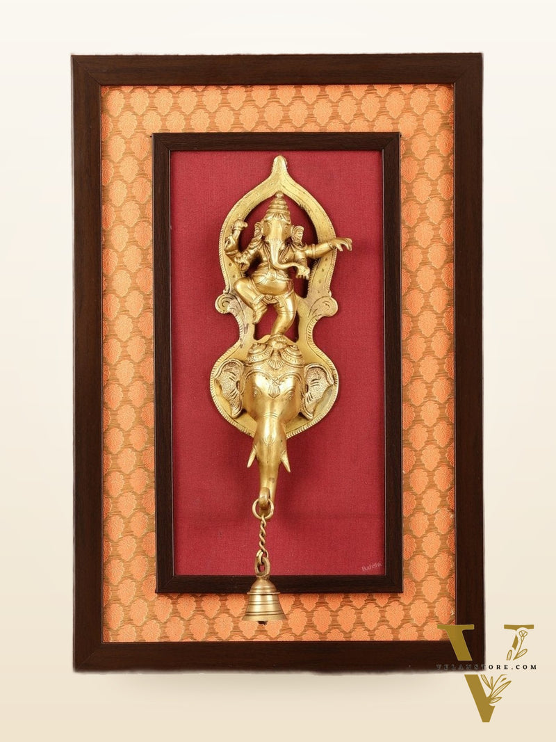 Brass Dancing Ganesha Wall Hanging on Wooden Frame with Premium Fabric - 20" x 13.5"