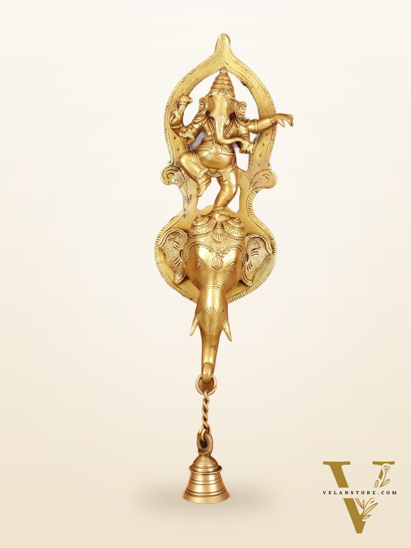 Brass Dancing Ganesha Wall Hanging on Wooden Frame with Premium Fabric - 20" x 13.5"