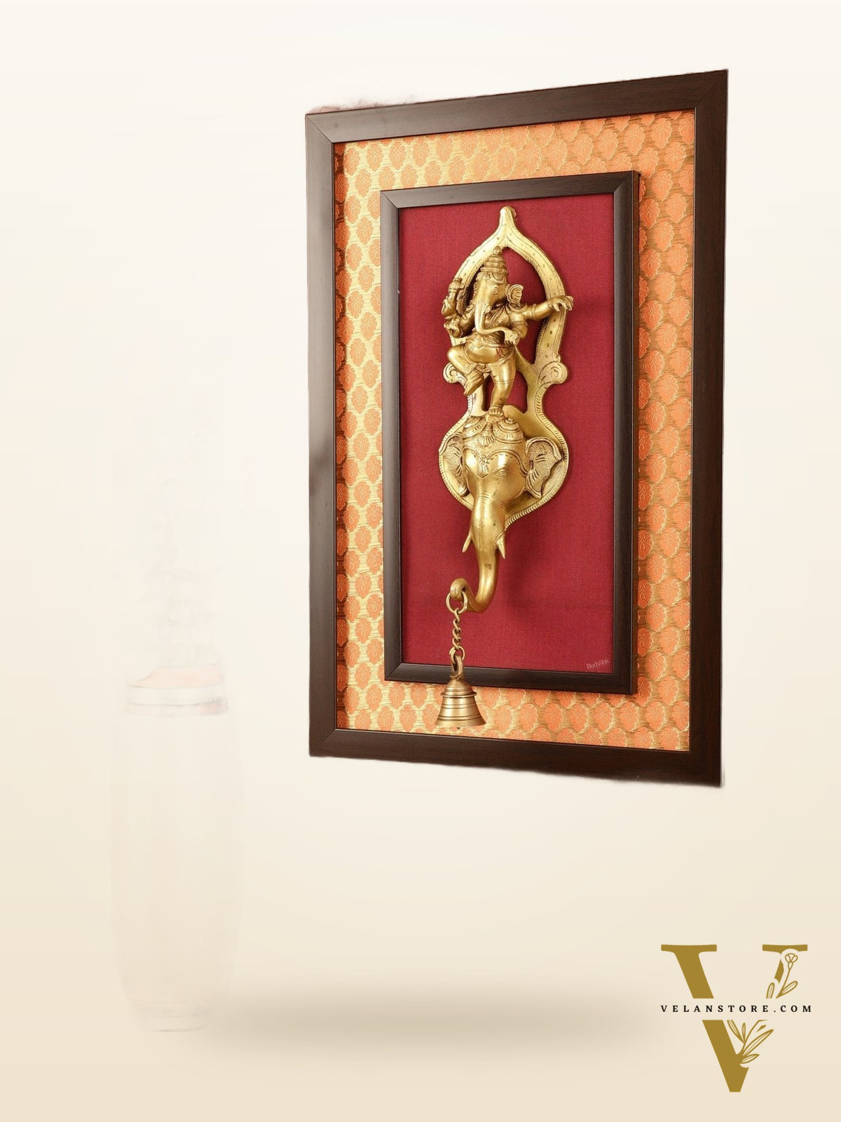 Brass Dancing Ganesha Wall Hanging on Wooden Frame with Premium Fabric - 20" x 13.5"