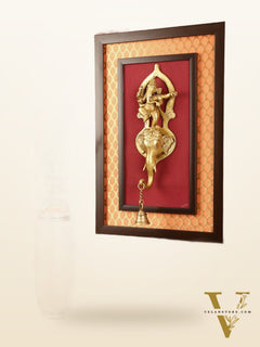 Brass Dancing Ganesha Wall Hanging on Wooden Frame with Premium Fabric - 20" x 13.5"