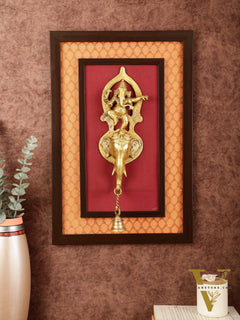 Brass Dancing Ganesha Wall Hanging on Wooden Frame with Premium Fabric - 20" x 13.5"