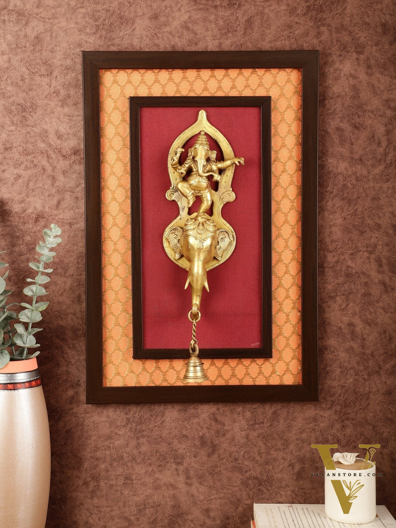 Brass Dancing Ganesha Wall Hanging on Wooden Frame with Premium Fabric - 20" x 13.5"
