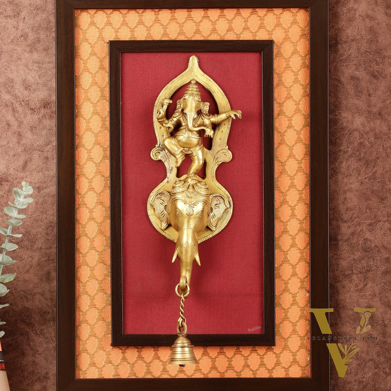 Brass Dancing Ganesha Wall Hanging on Wooden Frame with Premium Fabric - 20" x 13.5"