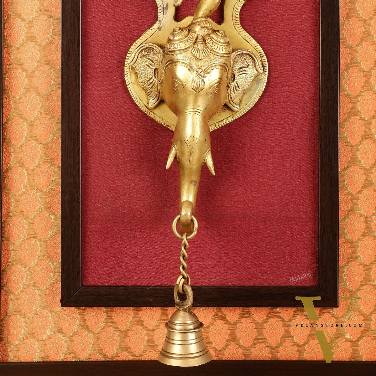 Brass Dancing Ganesha Wall Hanging on Wooden Frame with Premium Fabric - 20" x 13.5"