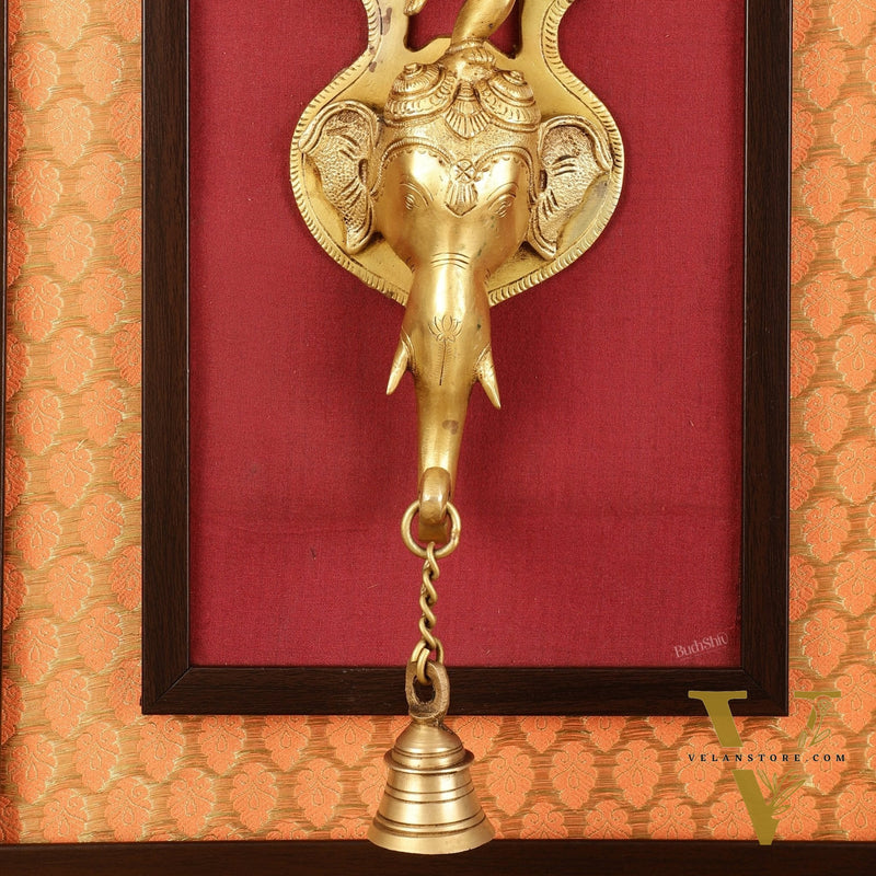 Brass Dancing Ganesha Wall Hanging on Wooden Frame with Premium Fabric - 20" x 13.5"