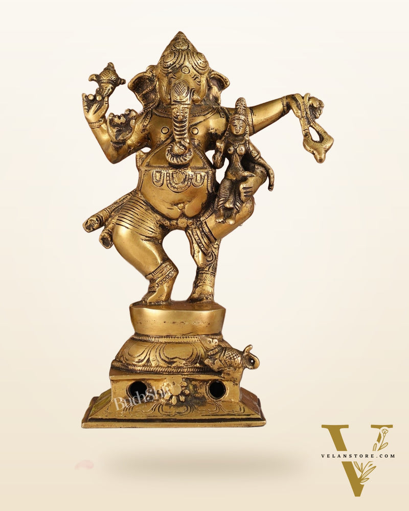 Brass Dancing Ganesha with Siddhi Idol | 10.5" Height | Divine Harmony