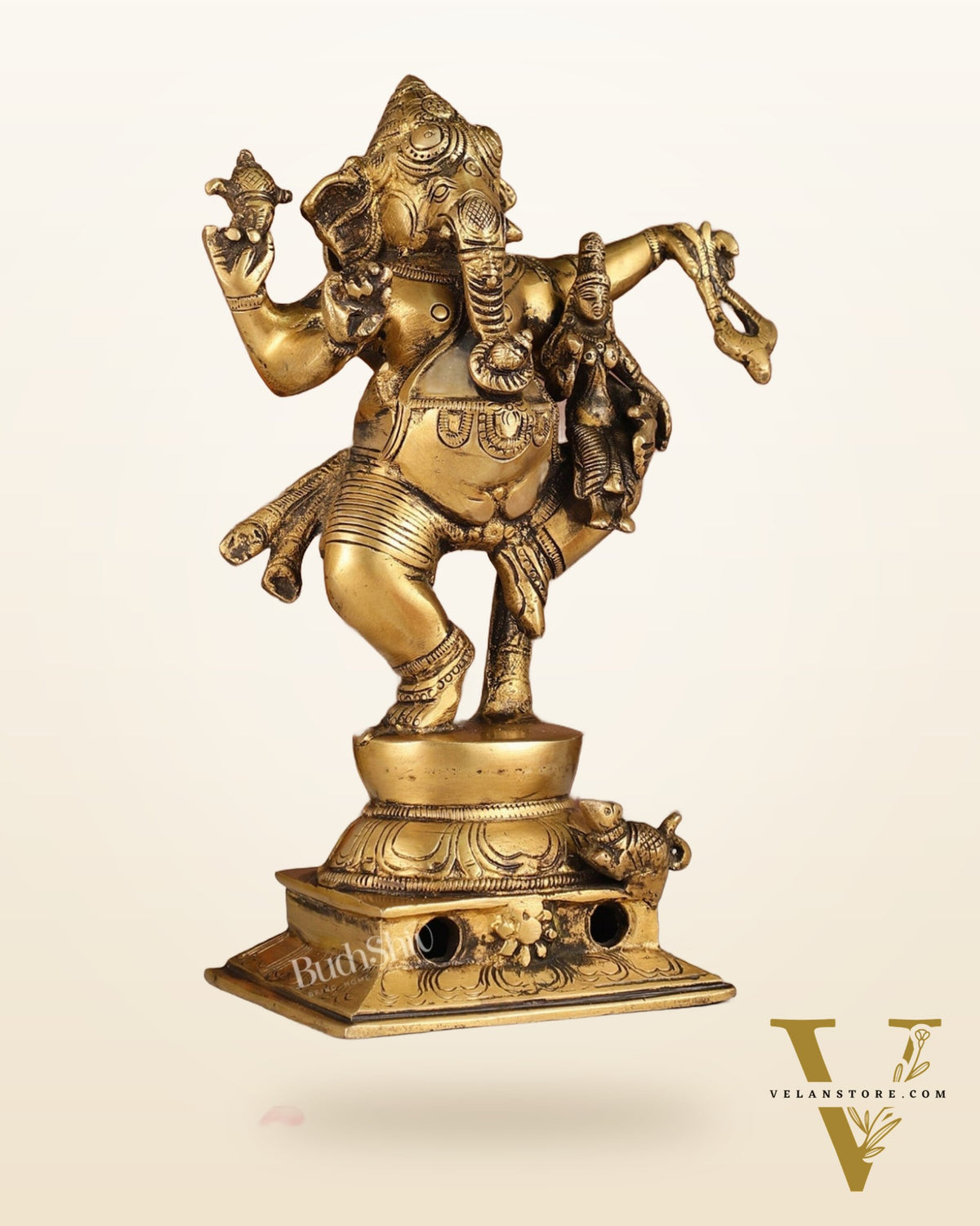 Brass Dancing Ganesha with Siddhi Idol | 10.5" Height | Divine Harmony