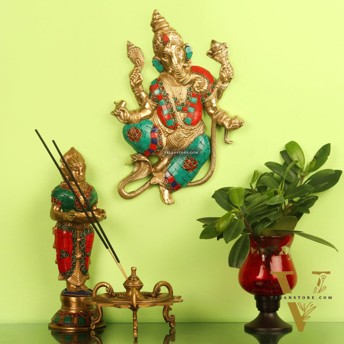 Brass Dancing Ganesha with Snake Wall Hanging Stonework 10"