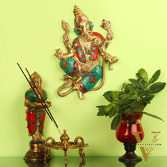 Brass Dancing Ganesha with Snake Wall Hanging Stonework 10"