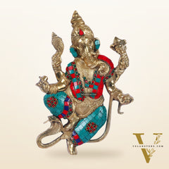 Brass Dancing Ganesha with Snake Wall Hanging Stonework 10"