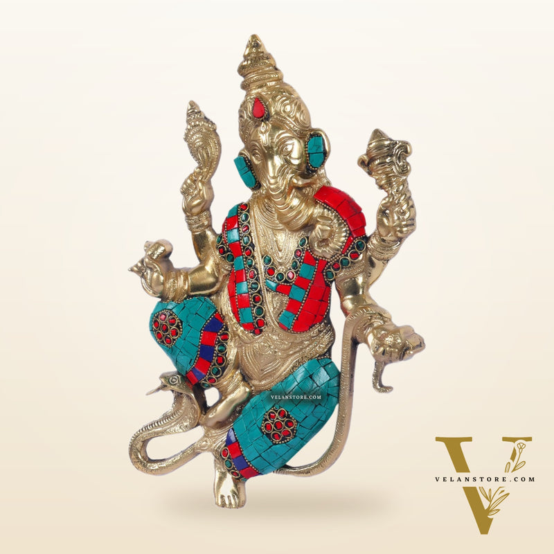 Brass Dancing Ganesha with Snake Wall Hanging Stonework 10"