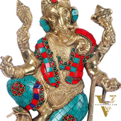 Brass Dancing Ganesha with Snake Wall Hanging Stonework 10"