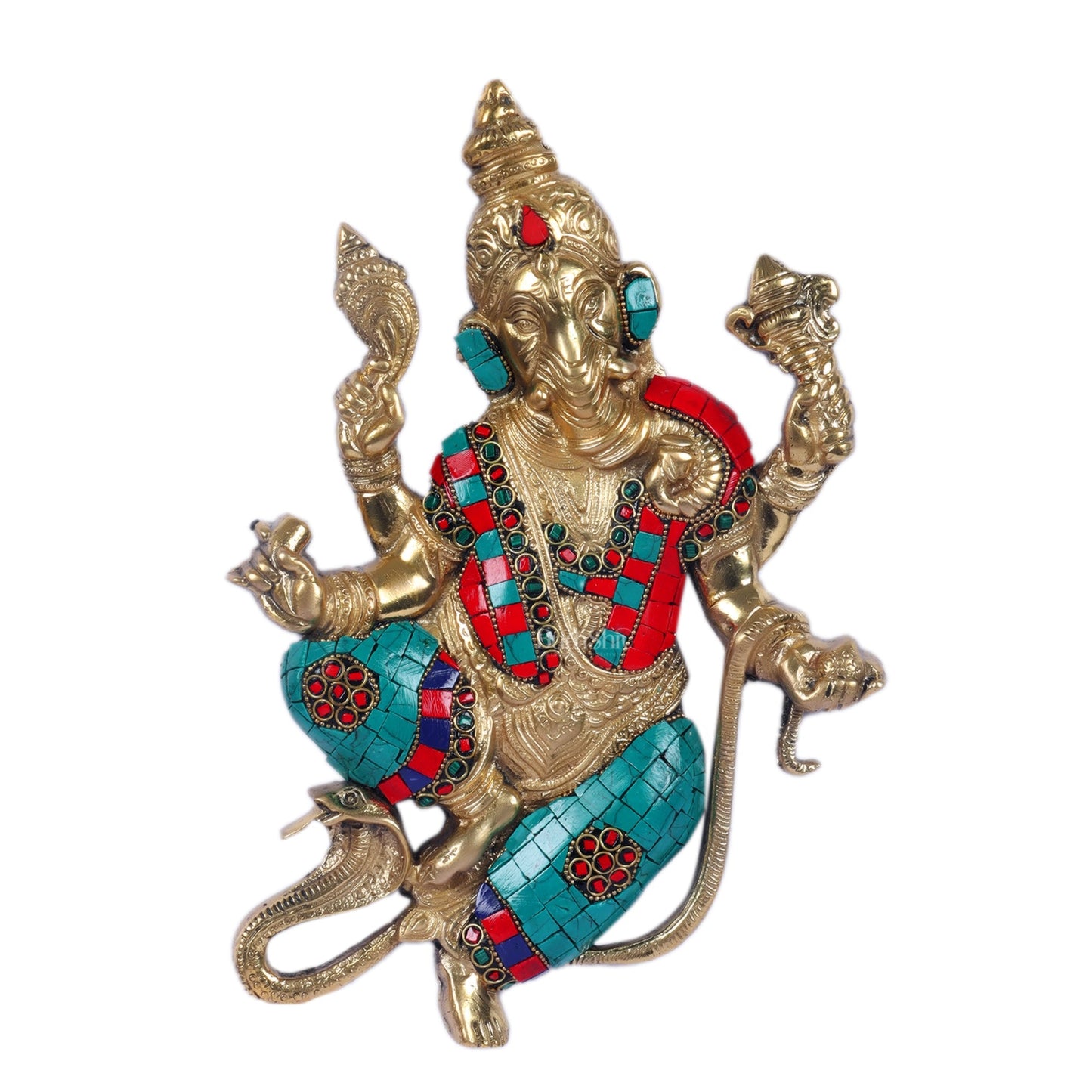 Brass Dancing Ganesha with Snake Wall Hanging Stonework 10"
