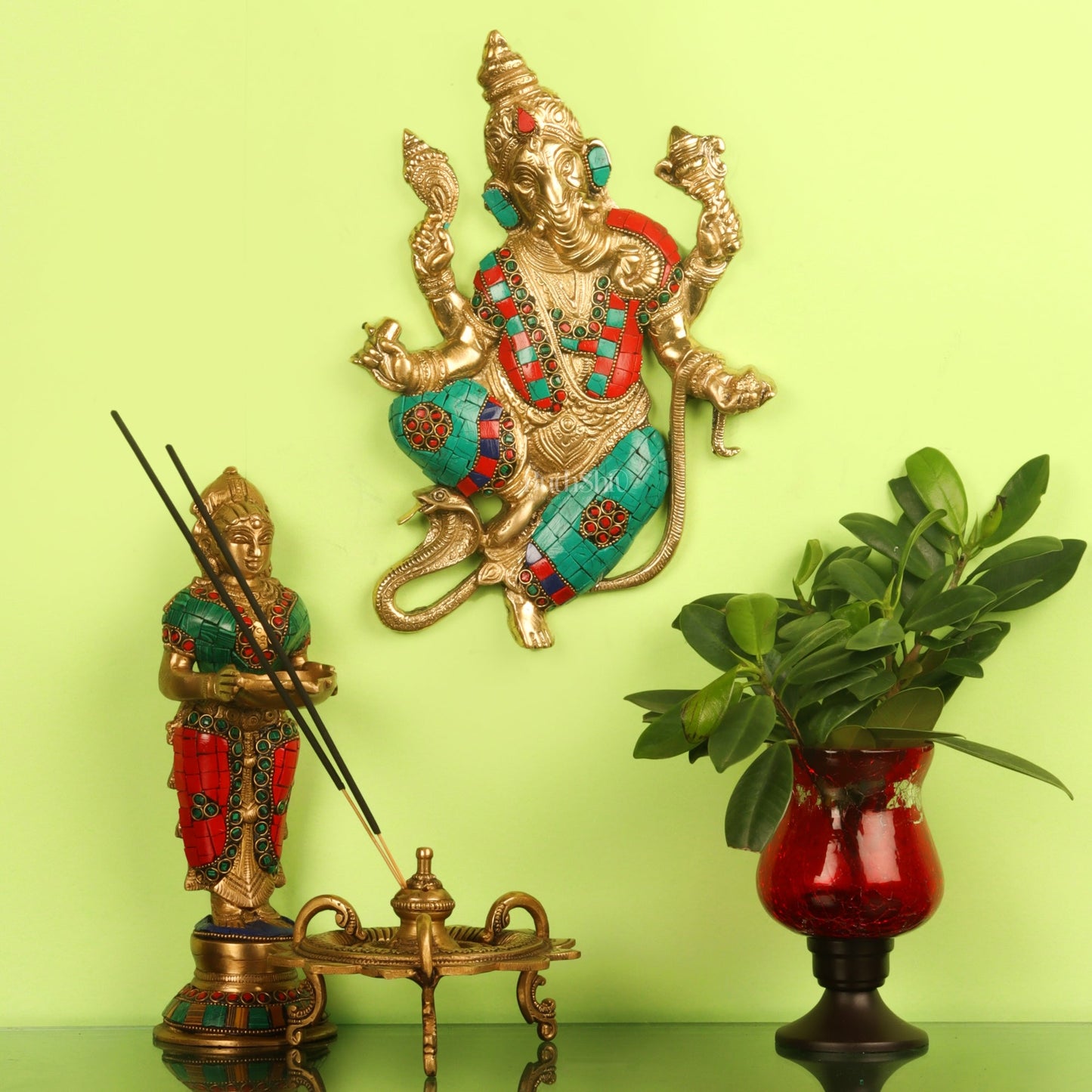 Brass Dancing Ganesha with Snake Wall Hanging Stonework 10"