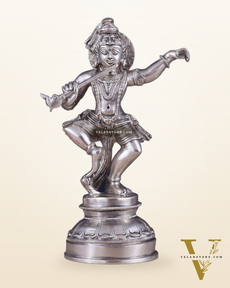 Brass Dancing Krishna Idol | Height: 9 inch with silver plated