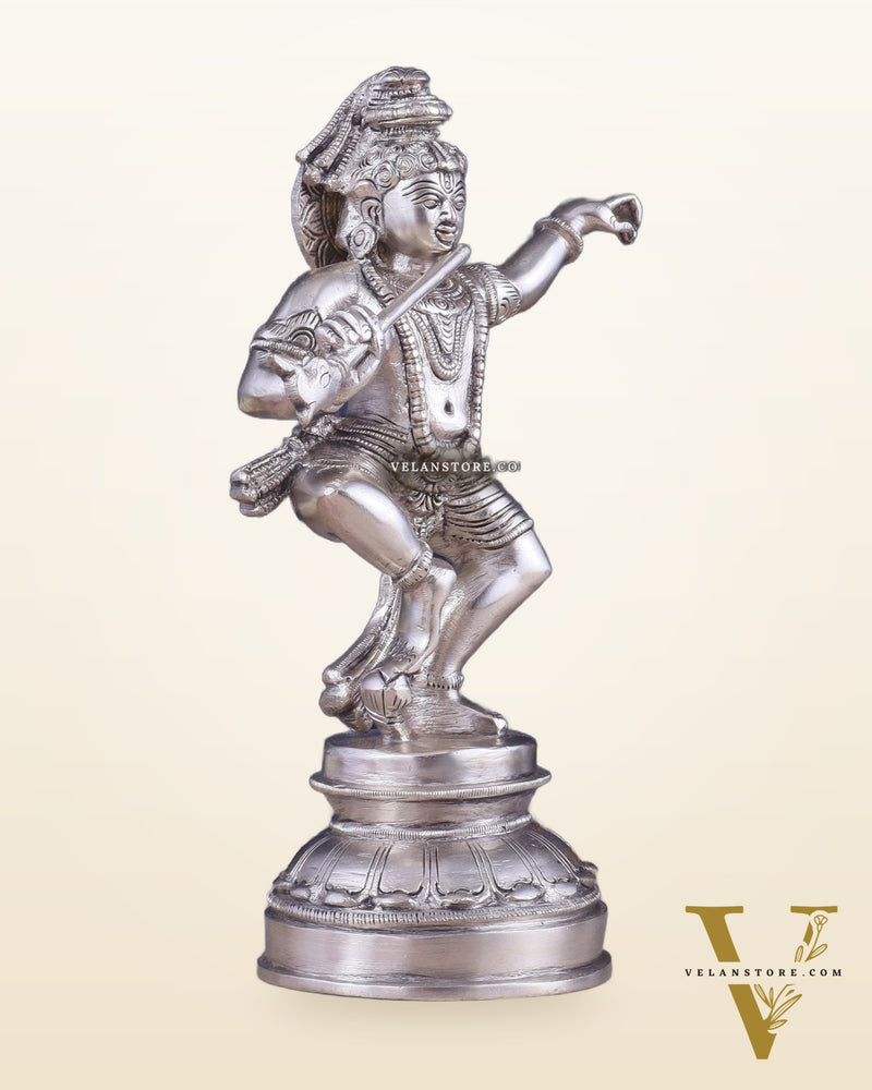 Brass Dancing Krishna Idol | Height: 9 inch with silver plated