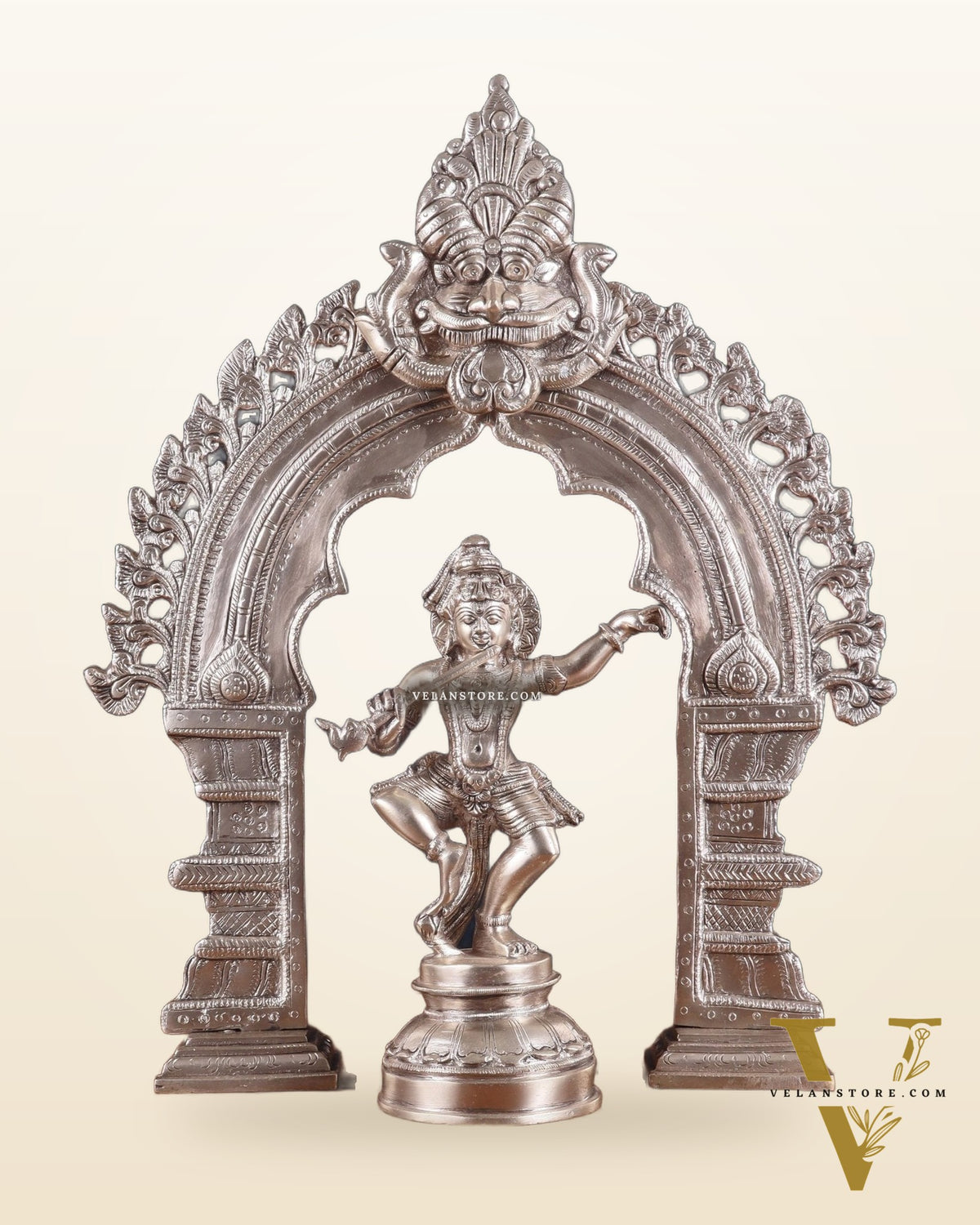 Brass Dancing Lord Krishna & Silver-Plated Prabhavali Arch Frame – Divine Combo 17"