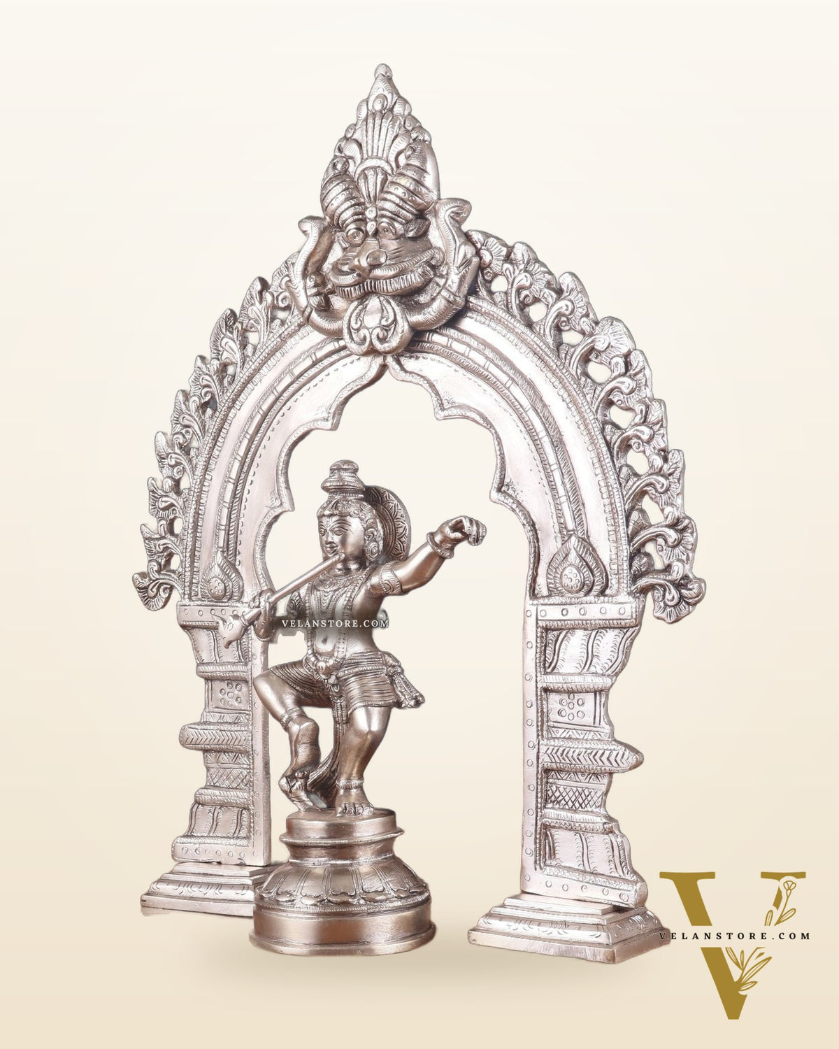 Brass Dancing Lord Krishna & Silver-Plated Prabhavali Arch Frame – Divine Combo 17"