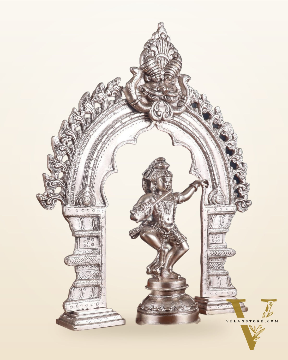 Brass Dancing Lord Krishna & Silver-Plated Prabhavali Arch Frame – Divine Combo 17"