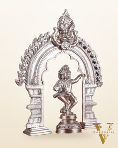 Brass Dancing Lord Krishna & Silver-Plated Prabhavali Arch Frame – Divine Combo 17"