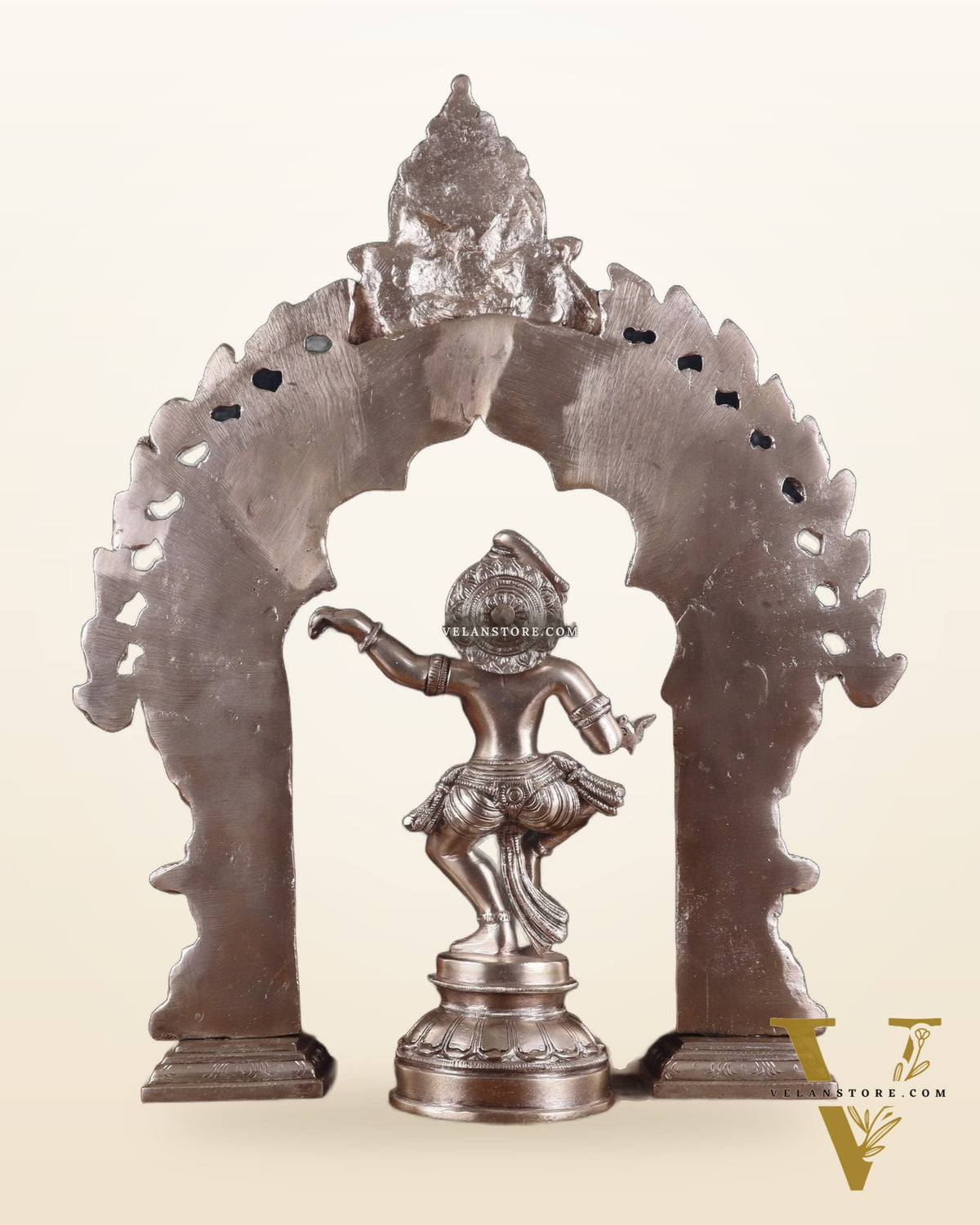 Brass Dancing Lord Krishna & Silver-Plated Prabhavali Arch Frame – Divine Combo 17"
