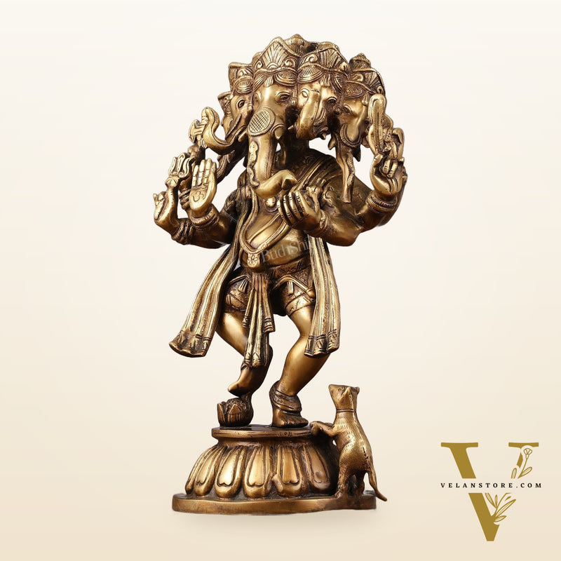Brass Dancing Panchmukhi Ganesha Statue - 15 Inch tall