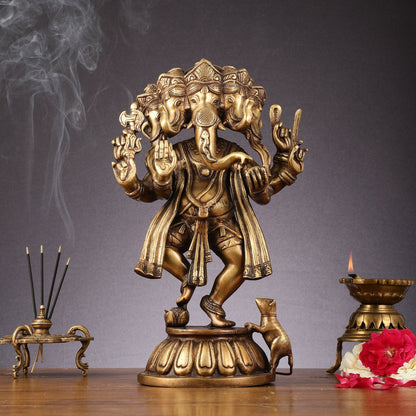 Brass Dancing Panchmukhi Ganesha Statue - 15 Inch tall