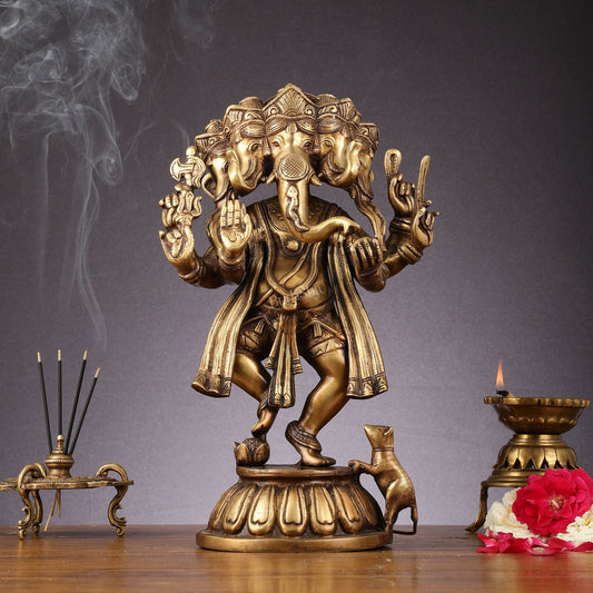 Brass Dancing Panchmukhi Ganesha Statue - 15 Inch tall