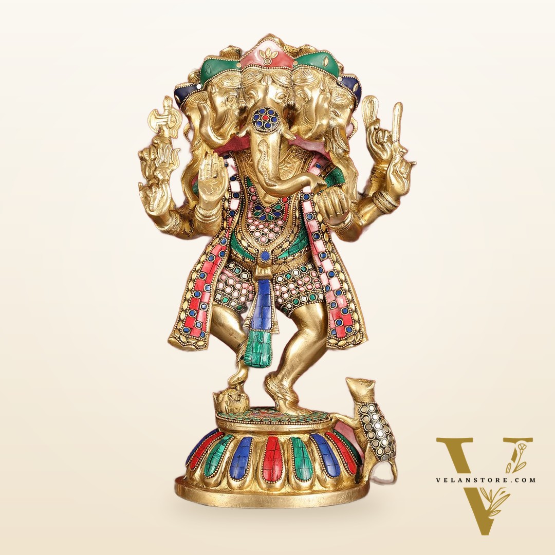 Brass Dancing Panchmukhi Ganesha Statue - 15 Inch with stonework