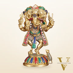 Brass Dancing Panchmukhi Ganesha Statue - 15 Inch with stonework