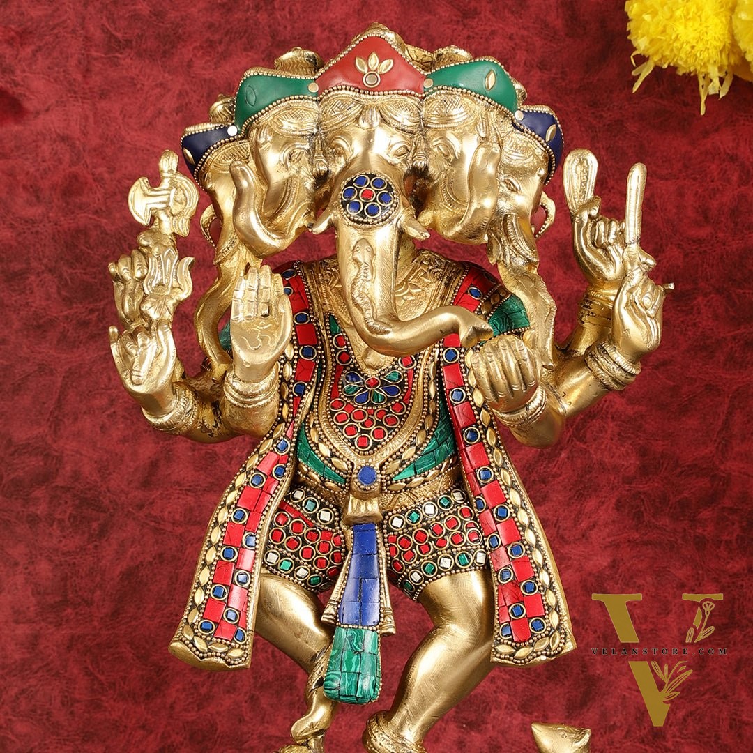 Brass Dancing Panchmukhi Ganesha Statue - 15 Inch with stonework