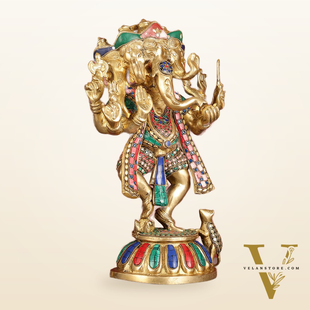 Brass Dancing Panchmukhi Ganesha Statue - 15 Inch with stonework