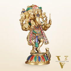 Brass Dancing Panchmukhi Ganesha Statue - 15 Inch with stonework