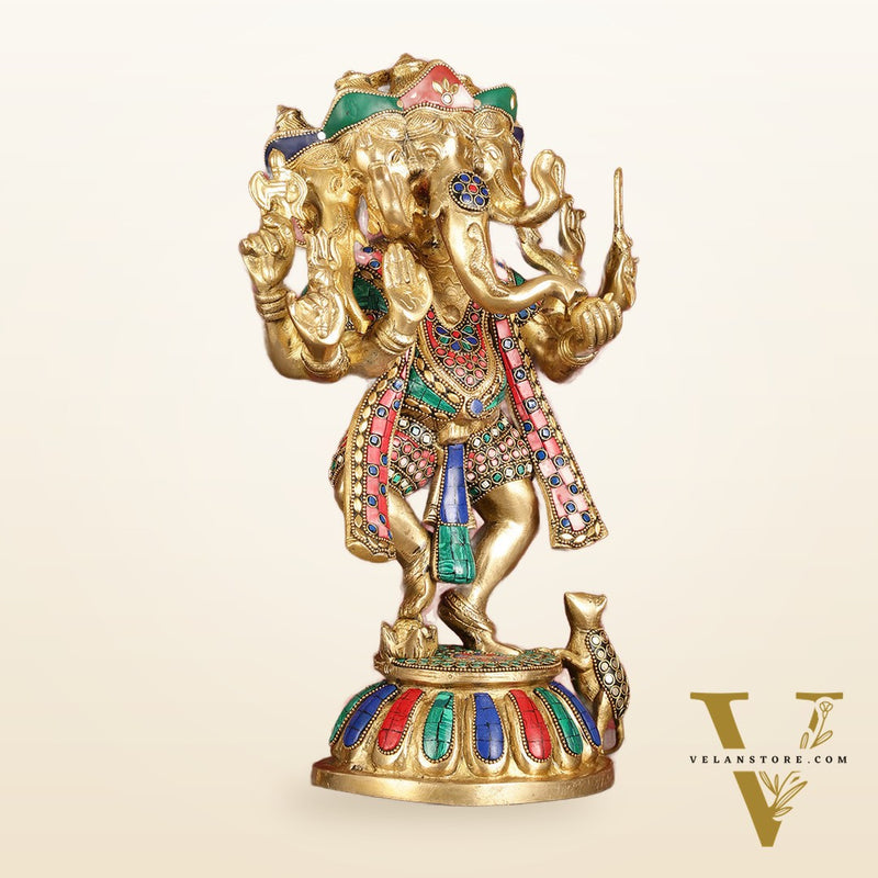 Brass Dancing Panchmukhi Ganesha Statue - 15 Inch with stonework