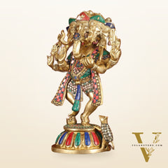 Brass Dancing Panchmukhi Ganesha Statue - 15 Inch with stonework